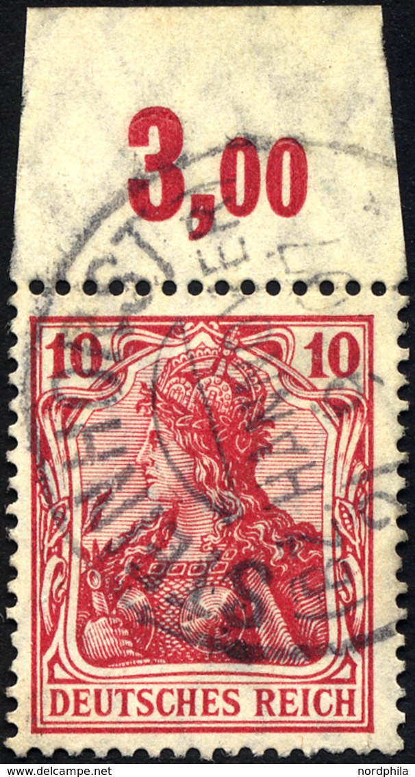Dt. Reich 86IaPOR O, 1905, 10 Pf. Karminrot Friedensdruck, Plattendruck, Oberrandstück, Normale Zähnung, Pracht, Gepr. J - Usados