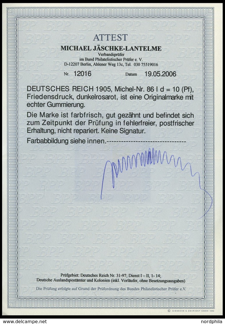 Dt. Reich 86Id **, 1913, 10 Pf. Schwärzlichrosa Friedensdruck, Postfrisch, Pracht, Fotoattest Jäschke-L., Mi. 500.- - Oblitérés