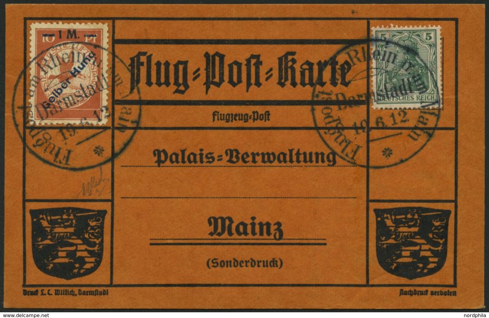 Dt. Reich IVF BRIEF, 1912, 1 M. Auf 10 Pf. Gelber Hund Mit Abart Huna Auf Karte Mit Sonderstempel Darmstadt 19.6.12, Pra - Used Stamps