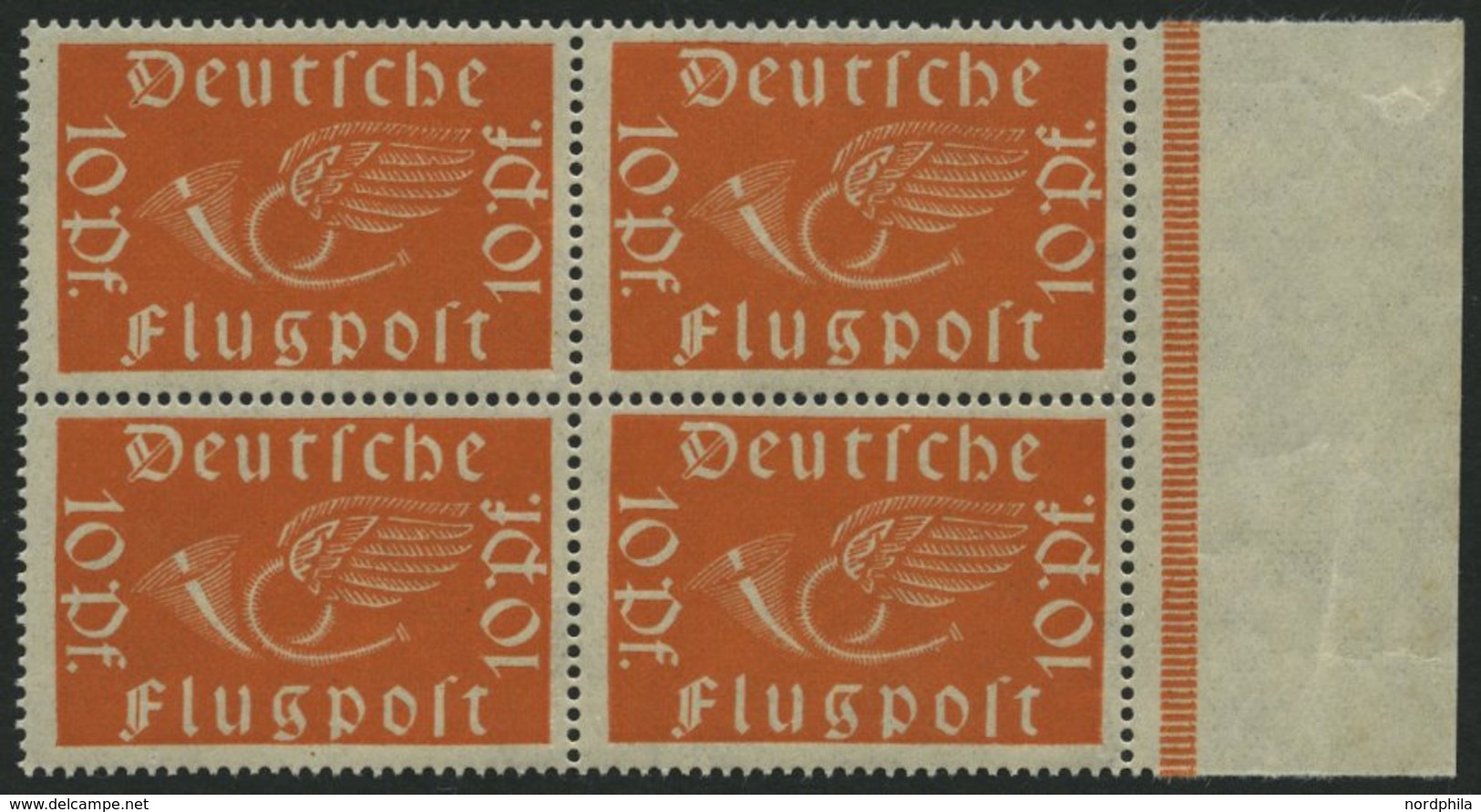 Dt. Reich 111b VB **, 1919, 10 Pf. Bräunlichorange Im Randviererblock, Pracht, Gepr. Infla, Mi. 64.- - Usados