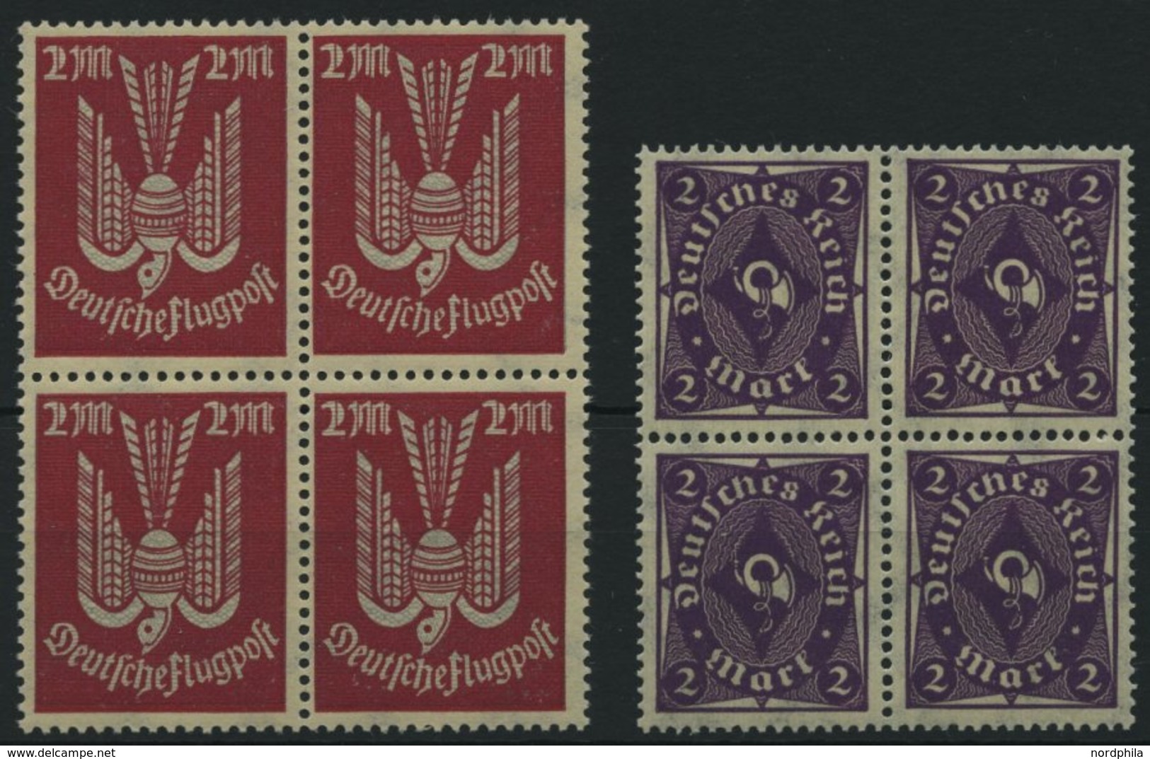 Dt. Reich 216b,224aa VB **, 1922, 2 M. Rot/grau Und Dunkelpurpurviolett, Je Im Viererblock, Pracht, Gepr. Infla, Mi. 92. - Gebraucht