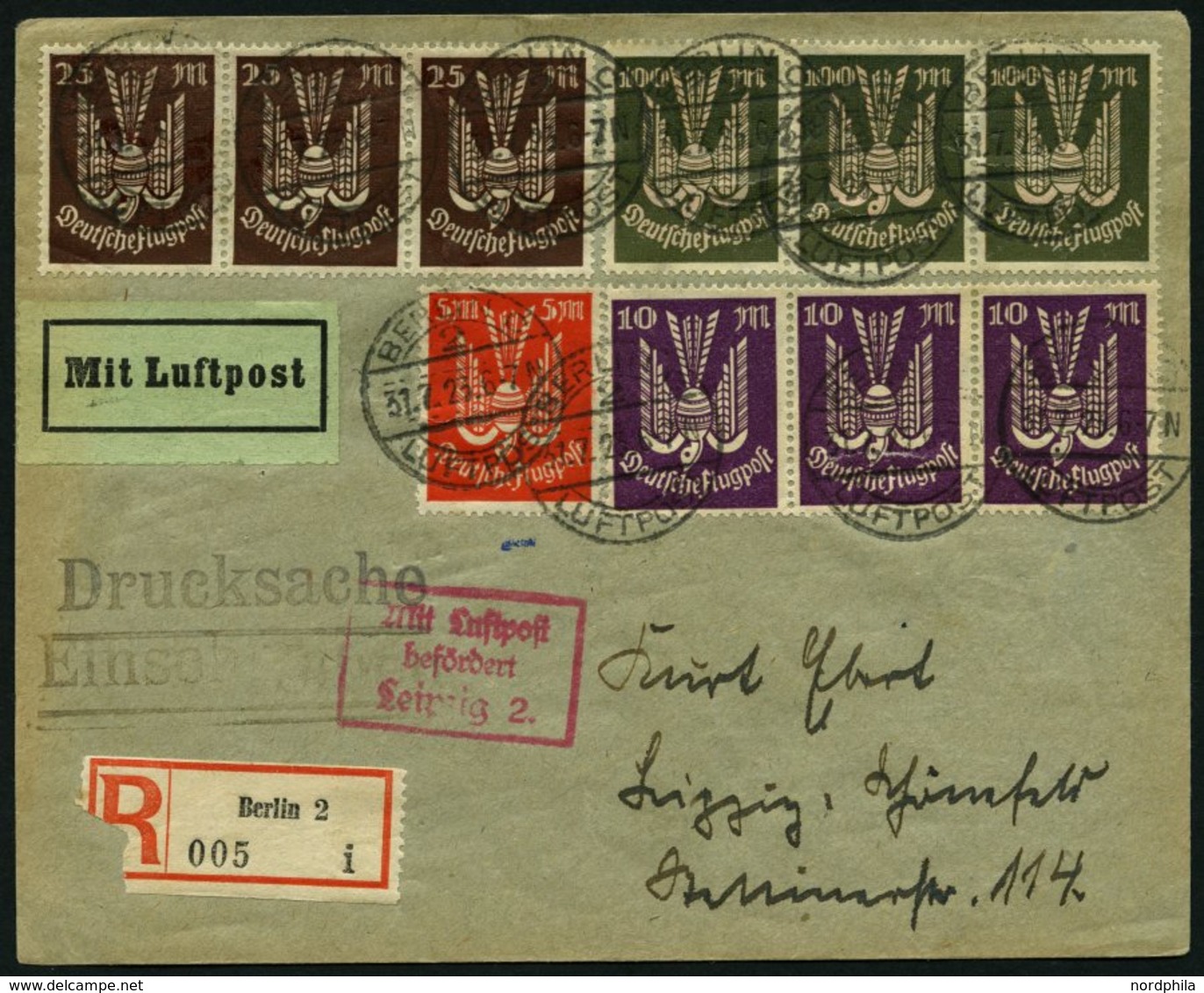 Dt. Reich 263 BRIEF, 1923, 5 M. Holztaube Mit Zusatzfrankatur (Nr. 237, 264/5, Je Im Dreierstreifen) Auf Luftpost-Einsch - Gebraucht