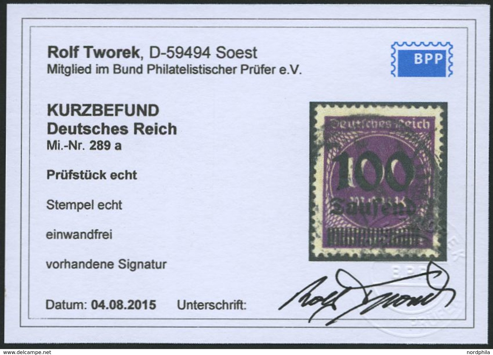 Dt. Reich 289a O, 1923, 100 Tsd. Auf 100 M. Graupurpur, Pracht, Fotobefund Tworek, Mi. 140.- - Usati