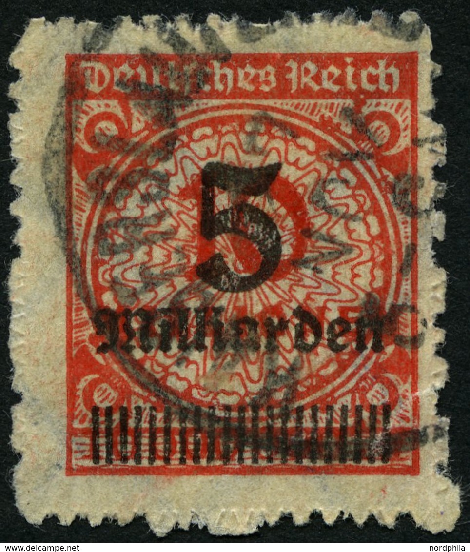 Dt. Reich 334B O, 1923, 5 Mrd. Auf 10 Mio. M. Zinnober, Durchstochen, Feinst (rechts Kl. Einriß), Gepr. Dr. Oechsner, Mi - Oblitérés