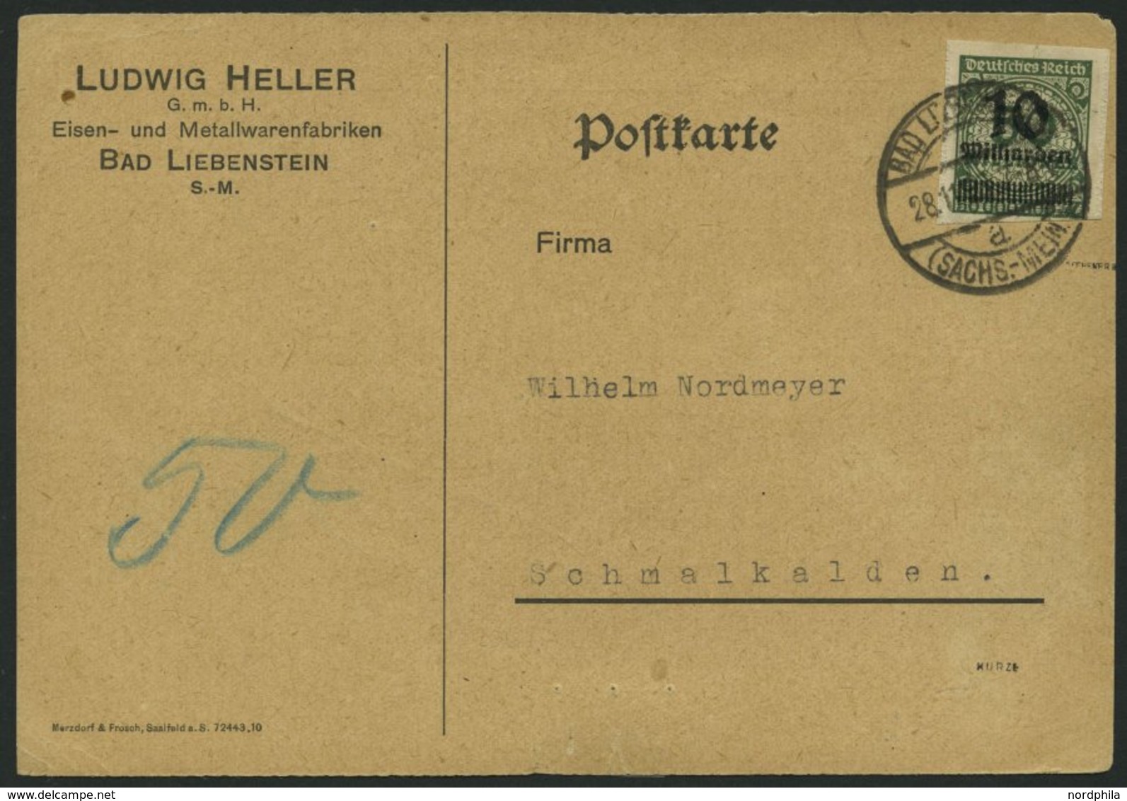 Dt. Reich 336B BRIEF, 28.11.1923, 10 Mrd. Auf 50 Mio.M. Schwärzlichopalgrün, Durchstochen, Einzelfrankatur Auf Postkarte - Oblitérés