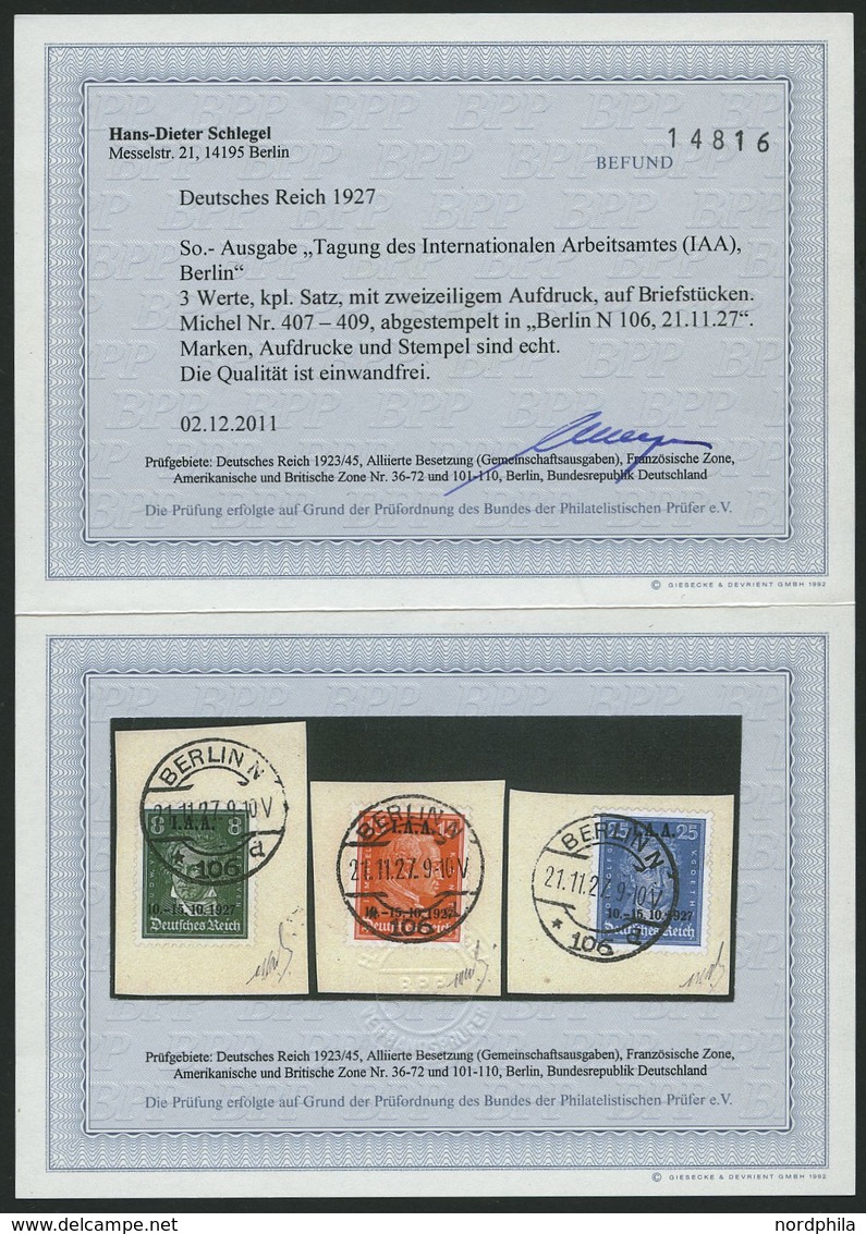 Dt. Reich 407-09 BrfStk, 1927, I.A.A. Auf Briefstücken, Prachtsatz, Fotobefund H.D. Schlegel, Mi. 250.- - Used Stamps