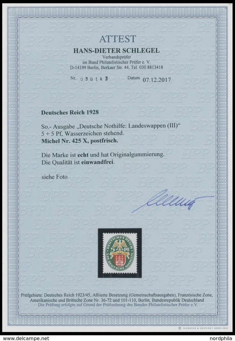 Dt. Reich 425X **, 1928, 5 Pf. Nothilfe, Wz. Stehend, Postfrisch, Pracht, RR!, Unsigniert, Fotoattest H.D. Schlegel: Die - Used Stamps