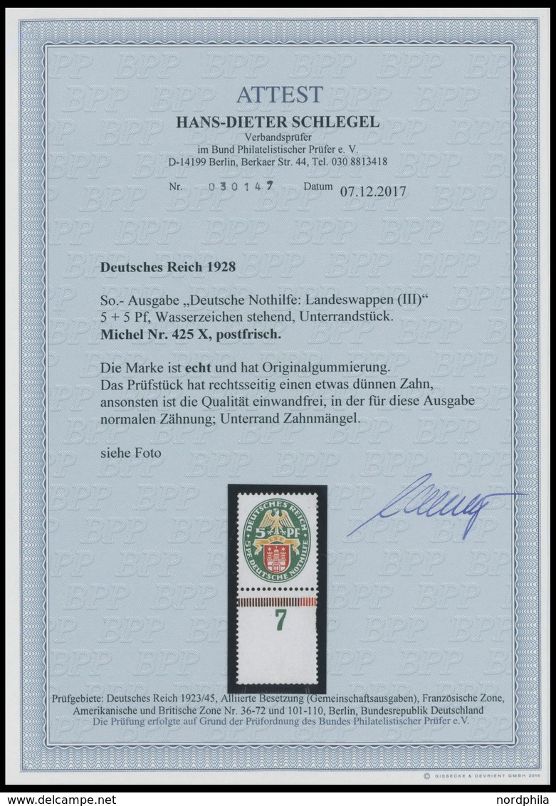 Dt. Reich 425X **, 1928, 5 Pf. Nothilfe, Wz. Stehend, Unterrandstück, Postfrisch, Rechts Ein Heller Zahn, Ansonsten Ist  - Oblitérés