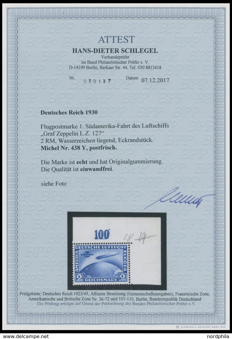 Dt. Reich 438Y **, 1930, 2 M. Südamerikafahrt, Wz. Liegend, Rechte Obere Bogendecke, Postfrisch, Pracht, Unsigniert, Fot - Usados
