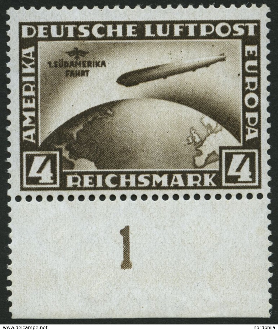 Dt. Reich 439X **, 1930, 4 RM Südamerikafahrt, Wz. Stehend, Unterrandstück, Pracht, Fotoattest Dr. Oechsner, Mi. 1800.- - Oblitérés