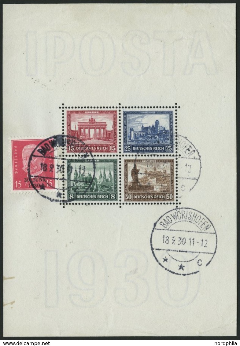 Dt. Reich Bl. 1 O, 1930, Block IPOSTA Mit Aufgeklebter Zusatzfrankatur (Mi.Nr. 445), Tagesstempel BAD WÖRISHOFEN, Ränder - Oblitérés