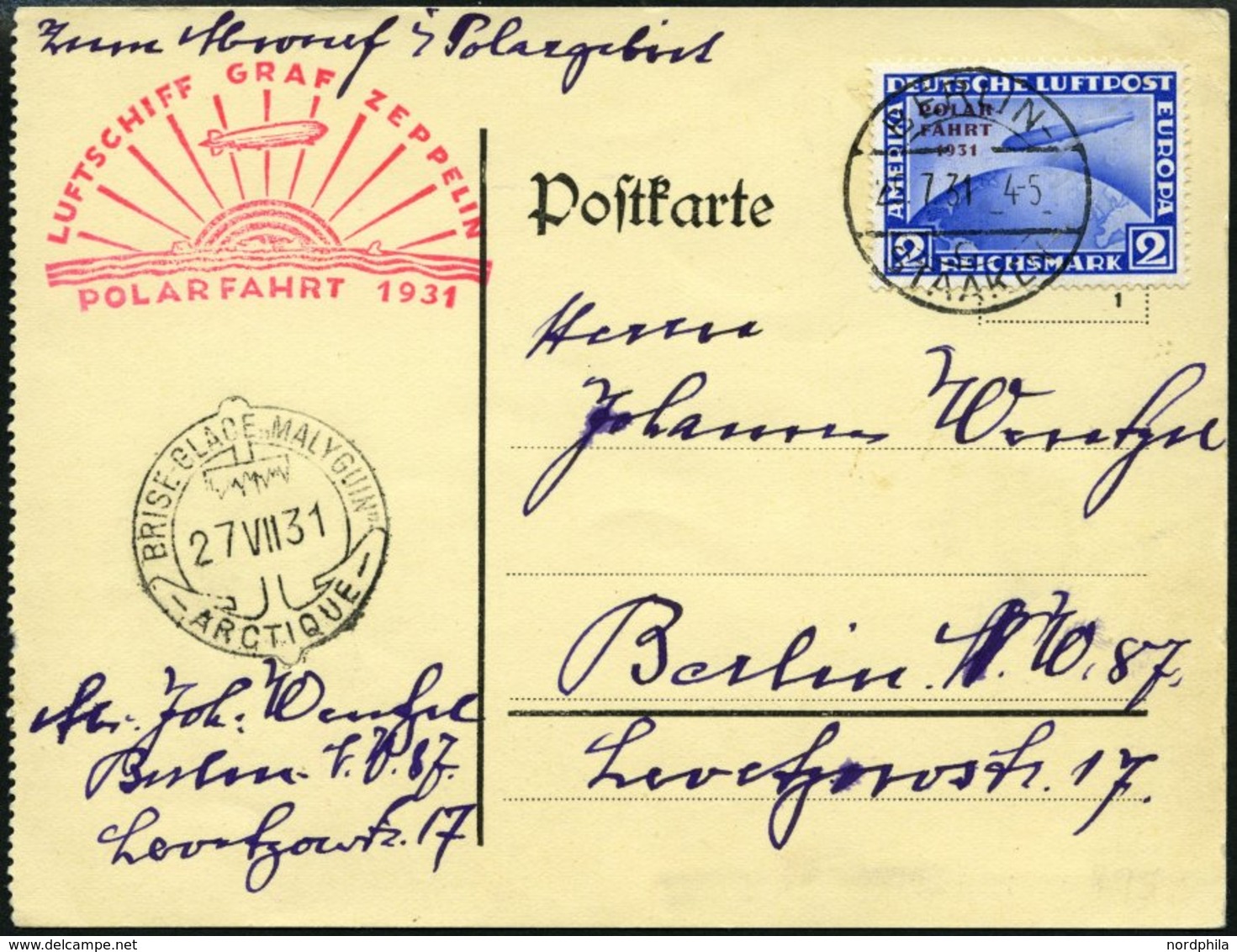 Dt. Reich 457 BRIEF, 1931, 2 RM Polarfahrt Auf Polarfahrtkarte, Pracht - Oblitérés