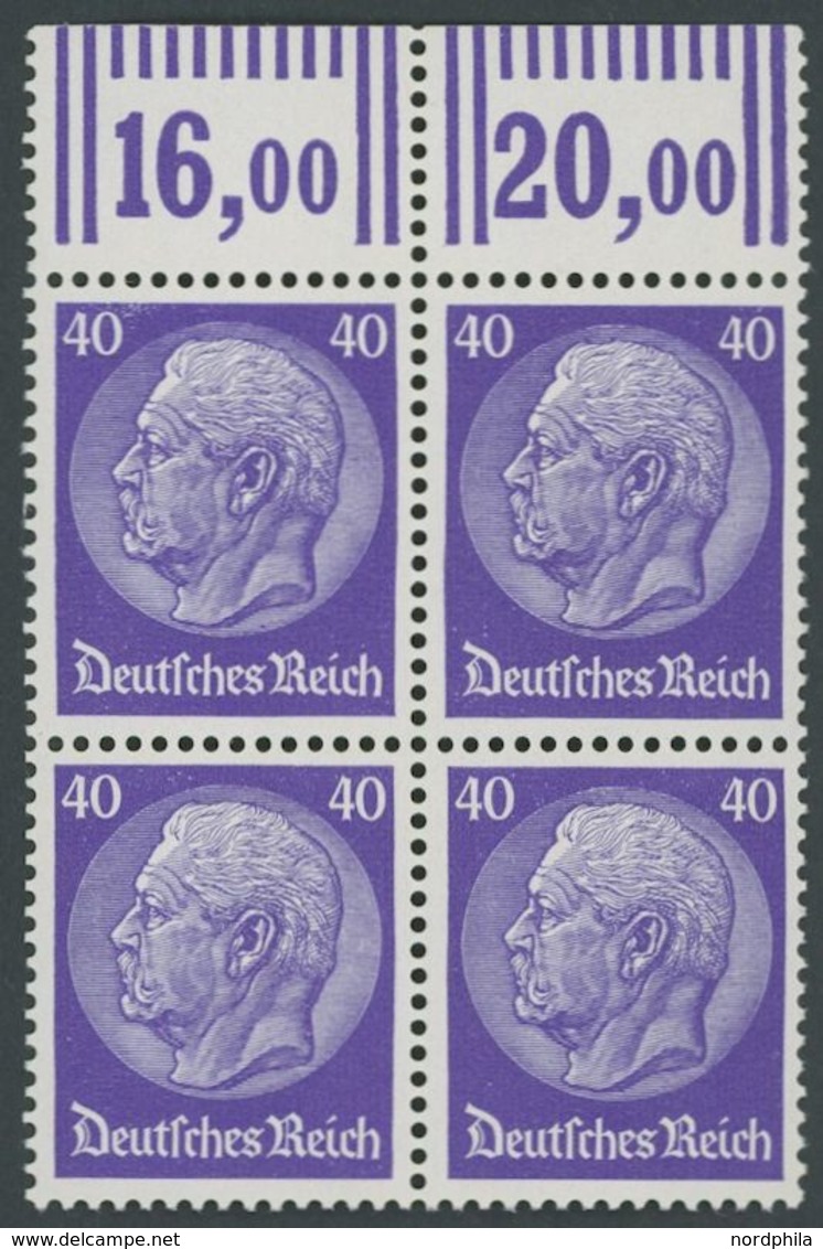Dt. Reich 472WOR VB **, 1932, 40 Pf. Hindenburg, Walzendruck, Im Oberrandviererblock, Postfrisch, Pracht, Mi. 600.- - Oblitérés