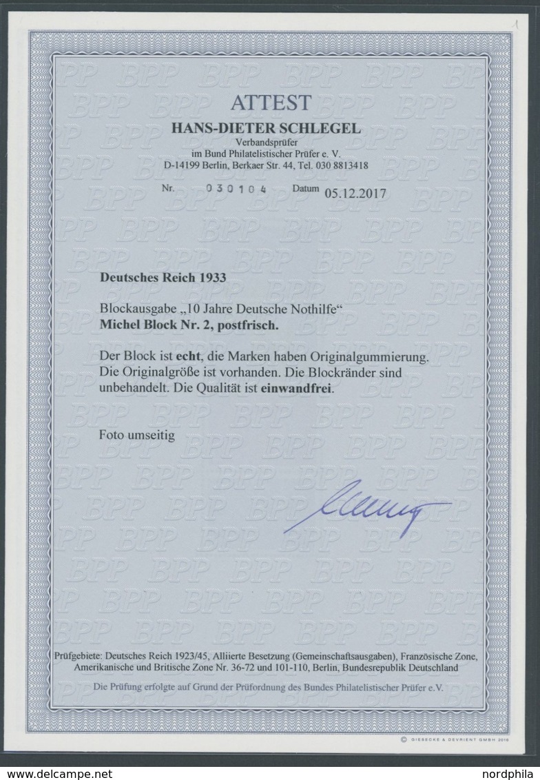Dt. Reich Bl. 2 **, 1933, Block Nothilfe, Originalgröße, Postfrisch, Pracht, Unsigniert, Fotoattest H.D. Schlegel: Die Q - Other & Unclassified