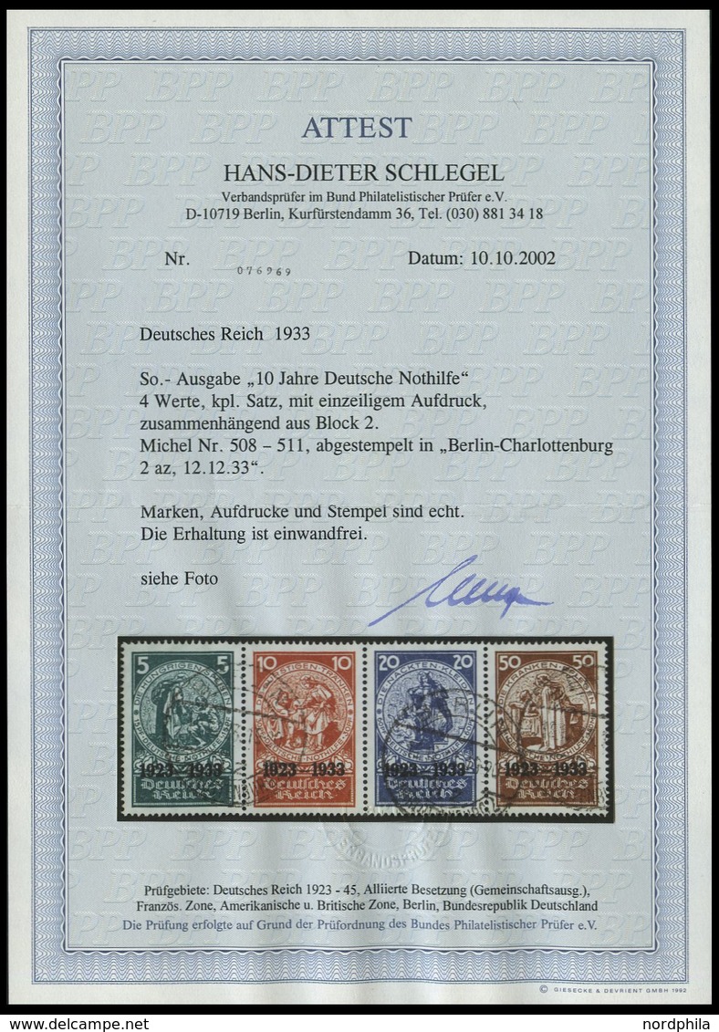 Dt. Reich 508-11 O, 1933, Nothilfe Im Viererstreifen, Pracht, Fotoattest H.D. Schlegel, Mi. (2000.-) - Otros & Sin Clasificación