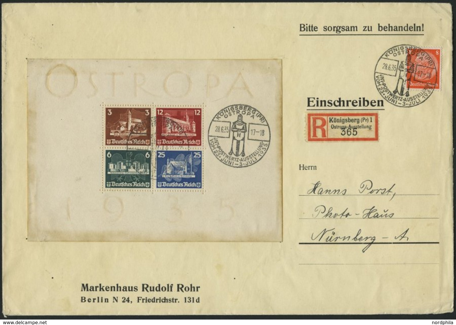 Dt. Reich Bl. 3 BRIEF, 1935, Block OSTROPA Mit Sonderstempel Und 8 Pf. Zusatzfrankatur Auf Einschreibbrief, Sonderstempe - Autres & Non Classés