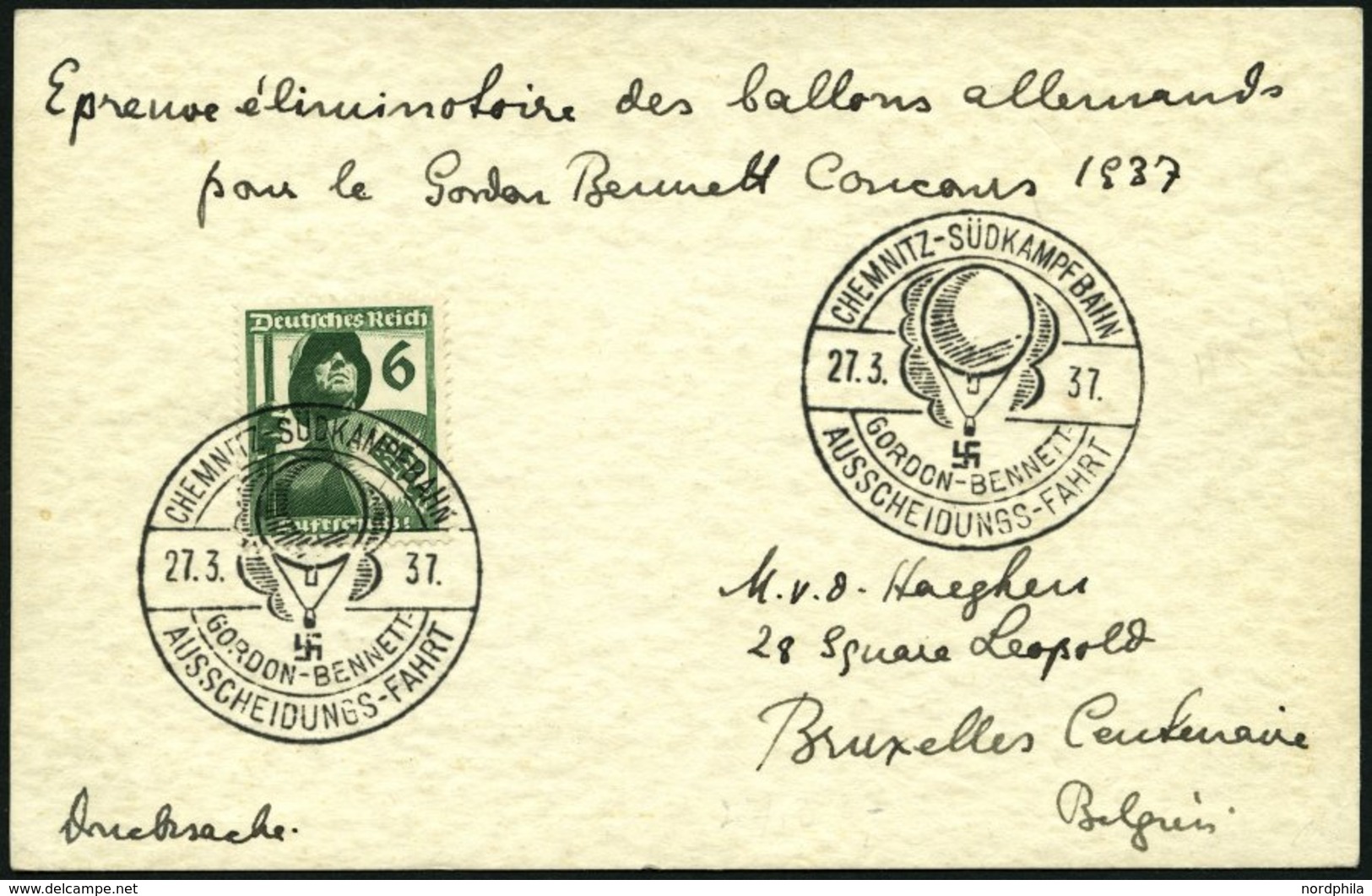 Dt. Reich 644 BRIEF, 1937, 6 Pf. Luftschutz Auf Drucksachenkarte Nach Belgien, Sonderstempel Anlässlich Der Ausscheidung - Otros & Sin Clasificación