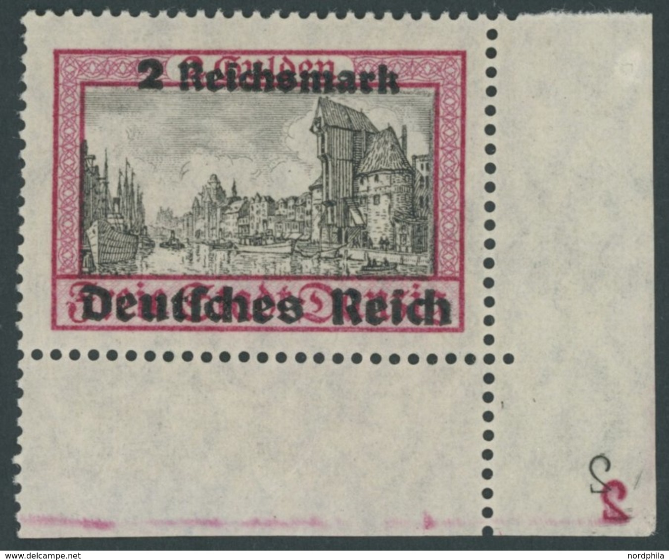 Dt. Reich 729 **, 1939, 2 RM Danzig, Untere Rechte Bogenecke Mit 2 Spiegelverkehrten Platten-Nummern 2, Normale Zähnung, - Other & Unclassified