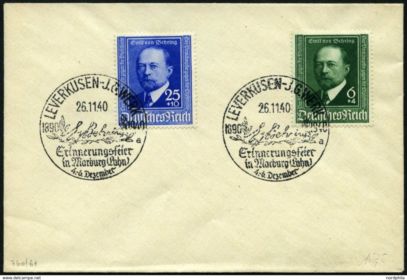 Dt. Reich 760/1 BRIEF, 1940, Behring Auf Umschlag Mit Ersttags-Sonderstempel, Pracht - Otros & Sin Clasificación