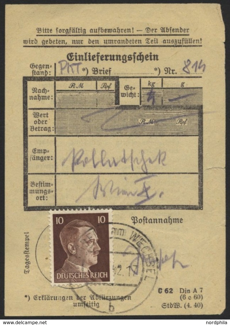 Dt. Reich 787 BRIEF, 1942, 10 Pf. Hitler, Einzelfrankatur Auf Einlieferungsschein, Pracht, R! - Otros & Sin Clasificación