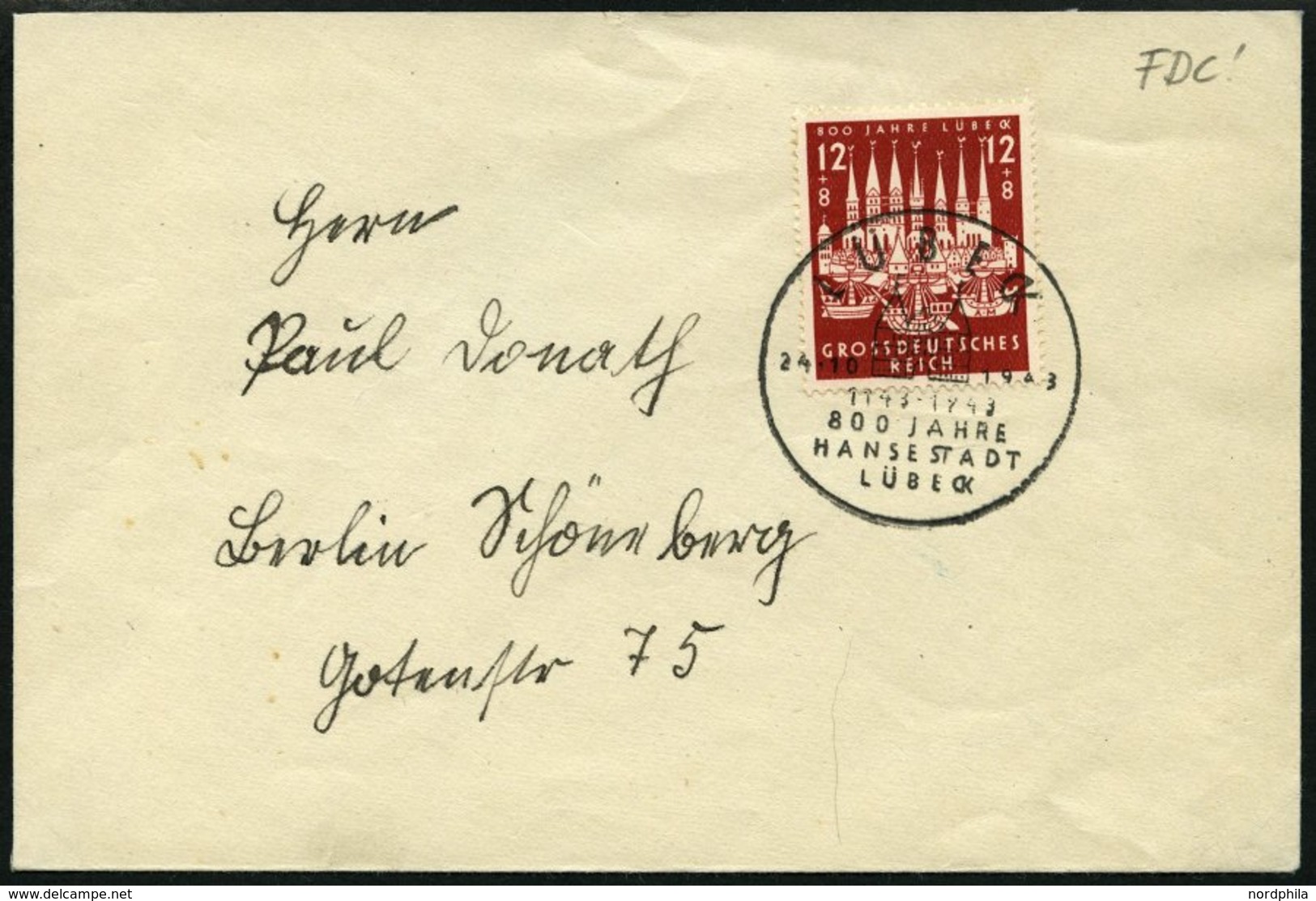 Dt. Reich 862 BRIEF, 1943, 12 Pf. 800 Jahre Lübeck Auf FDC, Pracht - Autres & Non Classés