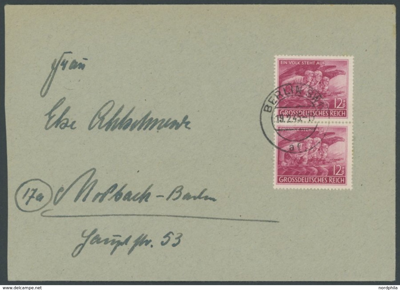 Dt. Reich 908 Paar BRIEF, 1945, 12 Pf. Volkssturm Im Senkrechten Paar Auf Brief, Pracht - Autres & Non Classés