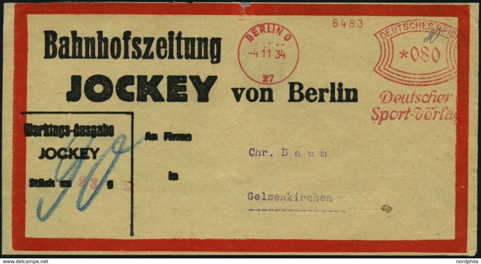 Dt. Reich 1934, Adresszettel Bahnhofzeitung JOCKEY Von Berlin Mit 80 Pf. Freistempler Vom DEUTSCHEN SPORTVERLAG, Feinst, - Autres & Non Classés