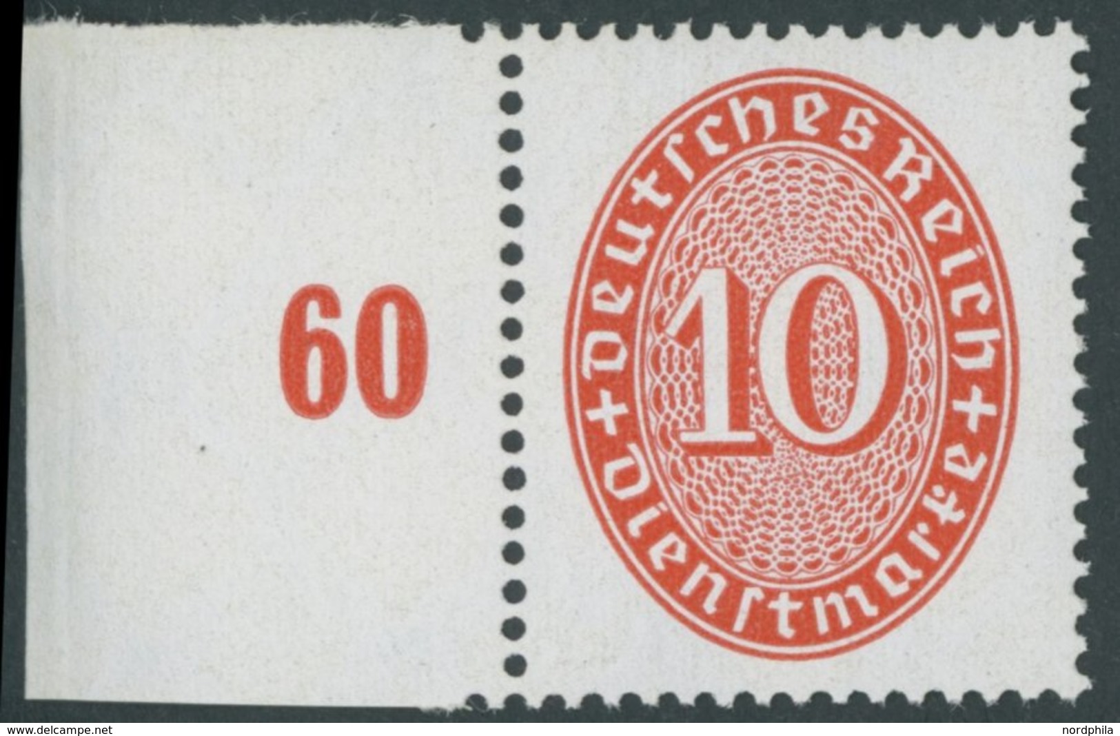 DIENSTMARKEN D 123X **, 1929, 10 Pf. Zinnoberrot, Wz. Stehend, Linkes Randstück, Postfrisch, Pracht, Mi. 90.- - Oficial