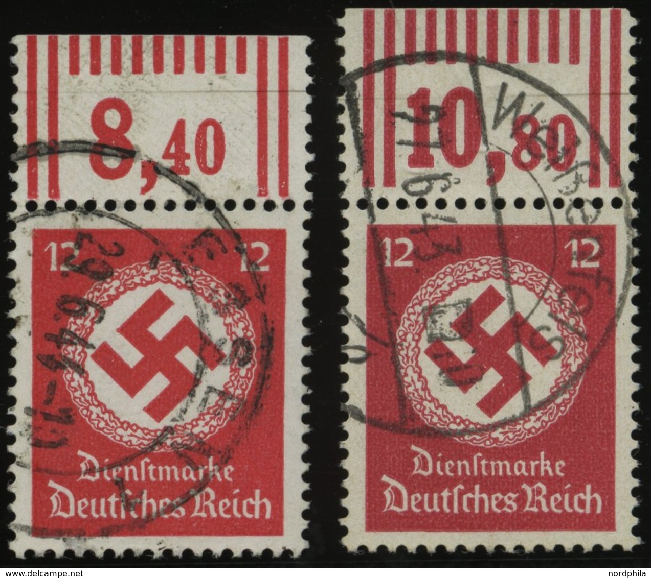 DIENSTMARKEN D 172a,bWOR O, 1944, 12 Pf., Beide Farben, Ohne Wz., Walzendruck, 2 Oberrandstücke, Pracht (1x Rückseitig B - Service