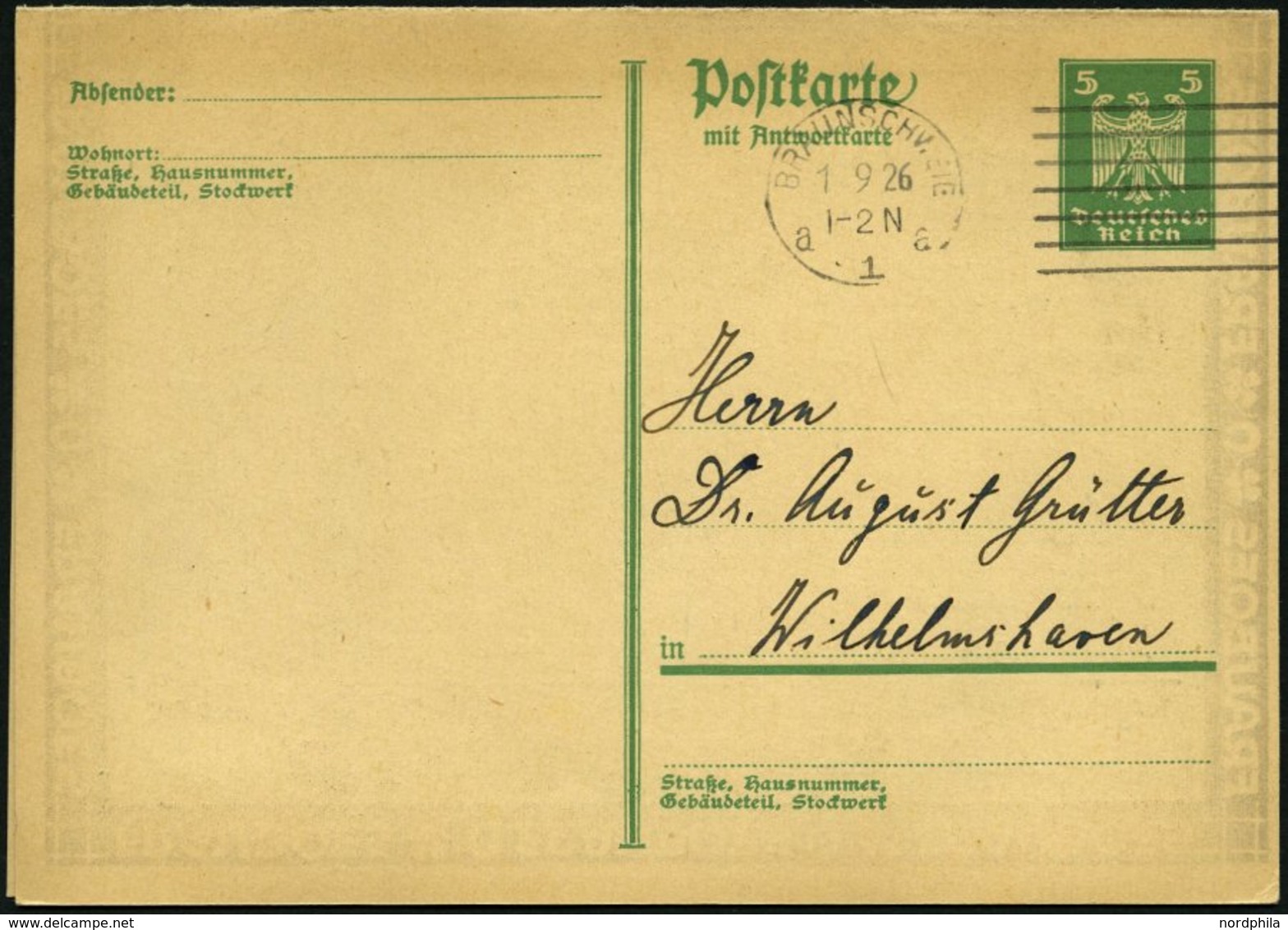 GANZSACHEN P 167I BRIEF, 1926, 5/5 Pf. Grün, Ungezähnt, Mit Zudruck Frauboes Klassen-Lotterie, Stempel BRAUNSCHWEIG, Pra - Otros & Sin Clasificación