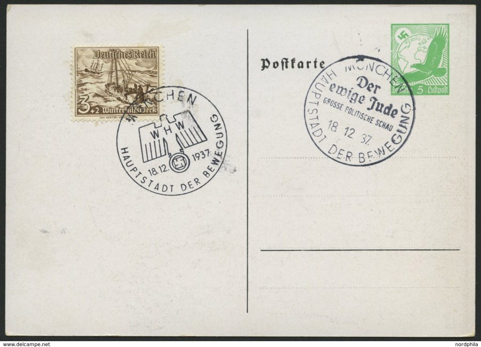 GANZSACHEN PP BRIEF, Privatpost: 1937, 5 Pf. Adler Der Ewige Jude, Leer Gestempelt, Pracht - Sonstige & Ohne Zuordnung