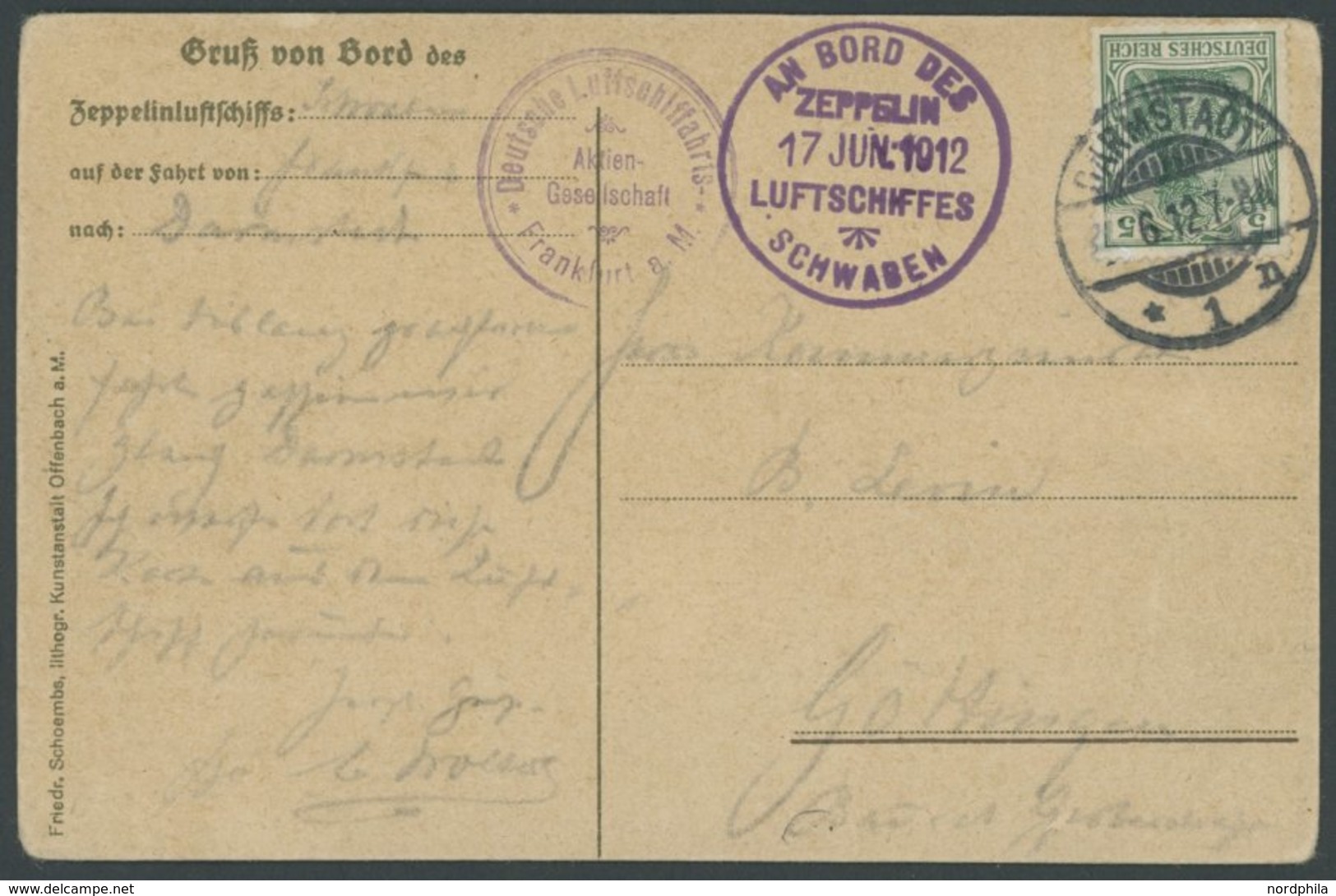 ZEPPELINPOST 2I BRIEF, 17.6.1912, Luftschiff Schwaben, Flugpost Rhein-Main Rundfahrt, Violetter Bordstempel Type I, Abwu - Zeppelins