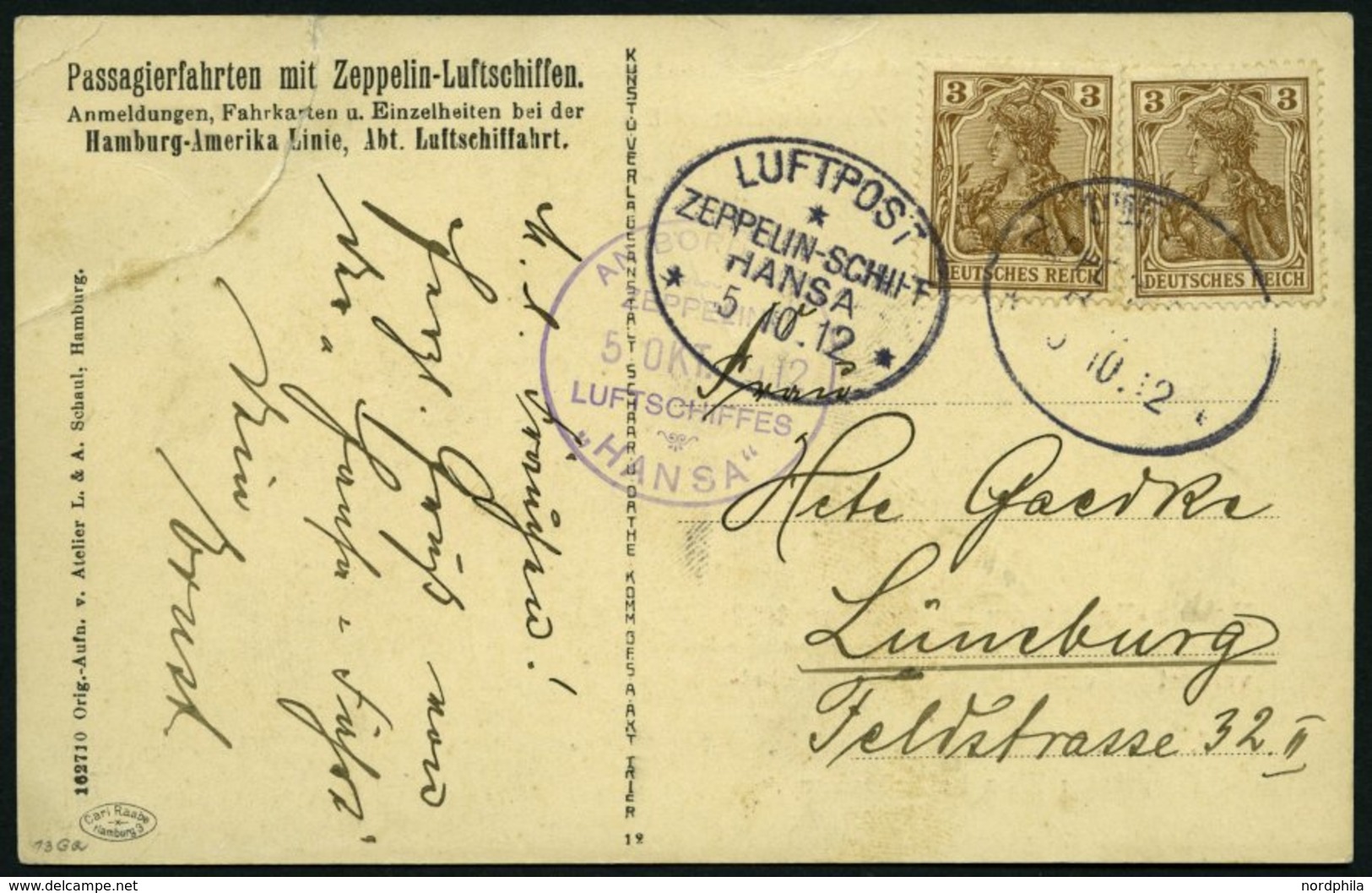 ZEPPELINPOST 6Ia BRIEF, 1912, Luftschiff Hansa, Fahrt Hamburg-Lüneburg-Hamburg Vom 5.10.1912, Mit Bord- Und Bordpoststem - Zeppelines