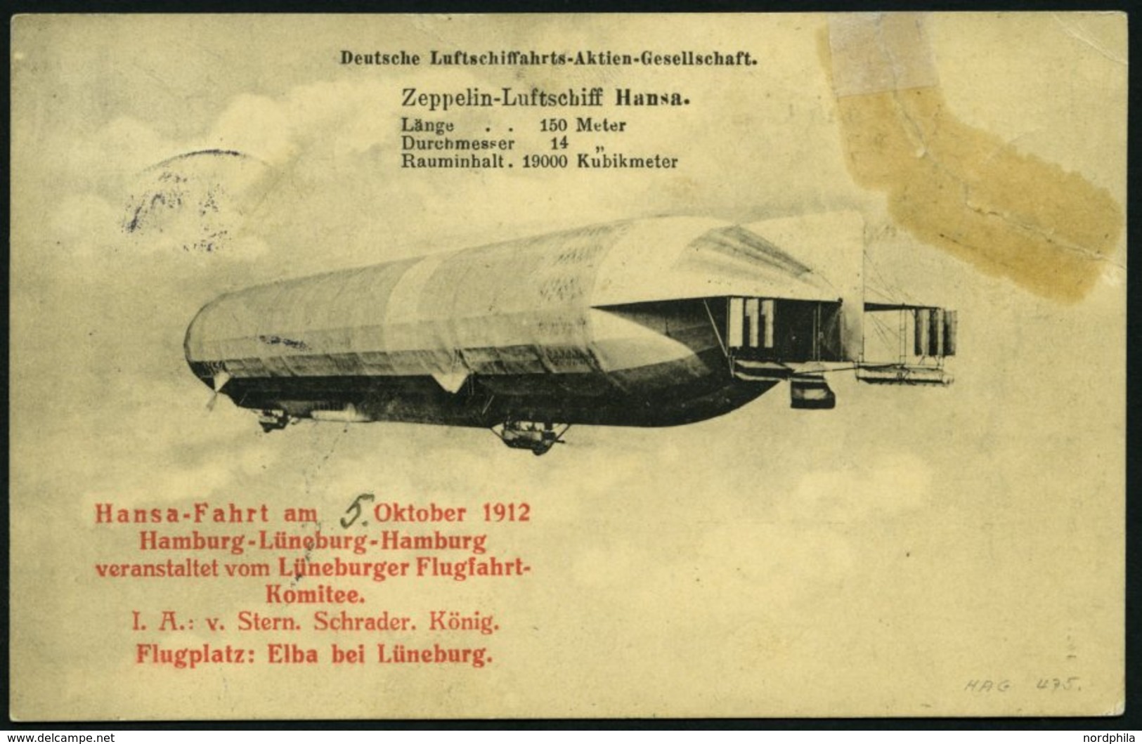 ZEPPELINPOST 6Ia BRIEF, 1912, Luftschiff Hansa, Fahrt Hamburg-Lüneburg-Hamburg Vom 5.10.1912, Mit Bord- Und Bordpoststem - Zeppelins