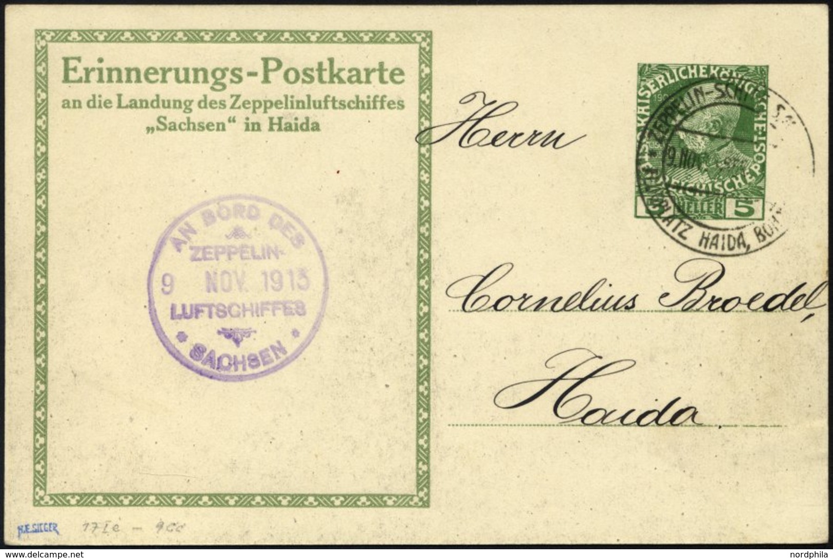 ZEPPELINPOST 9Cc BRIEF, 1913, Luftschiff Sachsen, Erinnerungs-Postkarte An Die Haida-Fahrt Mit 5 H. Kaiser Franz Joseph  - Zeppelins