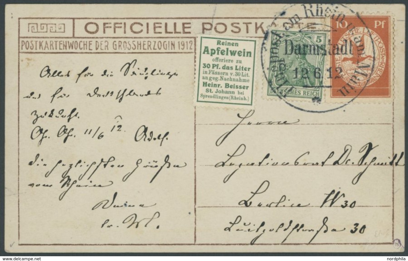 ZEPPELINPOST 10 BRIEF, 1912, 10 Pf. Flp. Am Rhein Und Main Auf Fotokarte Der Grossherzogs Familie, Mit 5 Pf. Zusatzfrank - Zeppelines