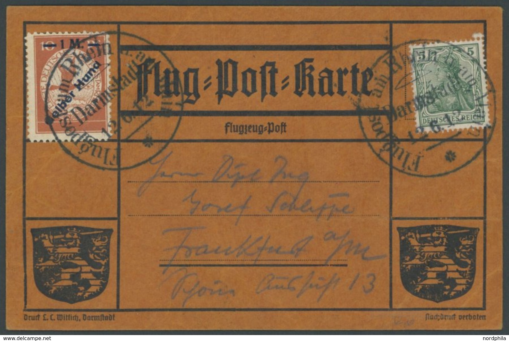 ZEPPELINPOST 13 BRIEF, 1912, 1 M. Gelber Hund Auf Flugpostkarte Mit 5 Pf. Zusatzfrankatur, Sonderstempel Darmstadt 12.6. - Zeppelins