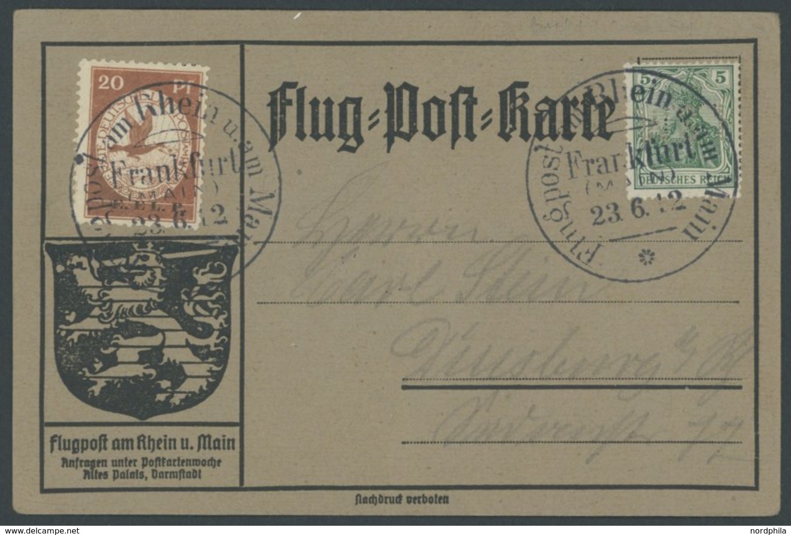 ZEPPELINPOST 15 BRIEF, 1912, 20 Pf. E.L.P. (Farbe Etwas Oxydiert) Auf Flugpostkarte Mit Nur 5 Pf. Zusatzfrankatur, Sonde - Zeppeline