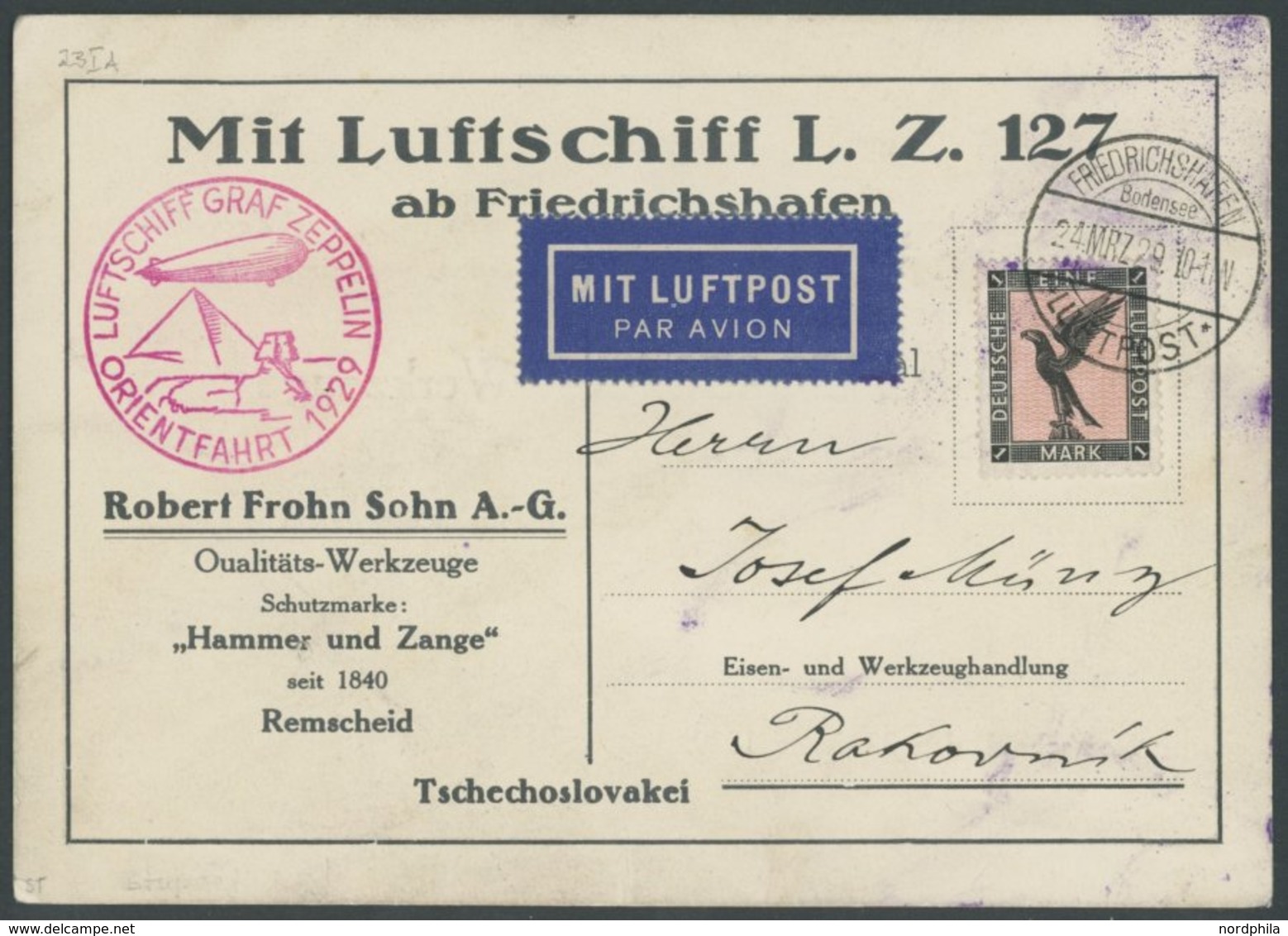 ZEPPELINPOST 23IA BRIEF, 1929, Orientfahrt, Auflieferung Friedrichshafen, Zeppelin-Werbekarte Der Firma Frohn, Frankiert - Zeppelins