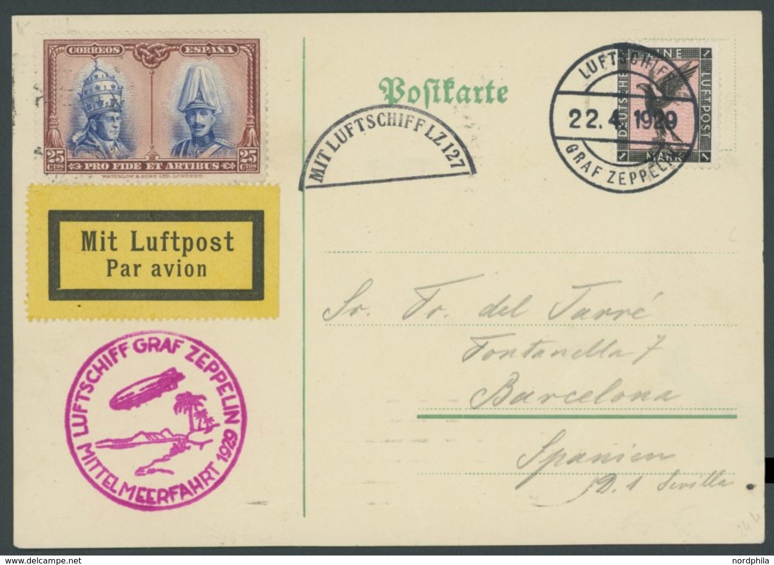 ZEPPELINPOST 24B BRIEF, 1929, Mittelmeerfahrt, Bordpost, Mit Privatem Segmentstempel Mit Luftpost LZ 127 Und Spanischer  - Zeppelines