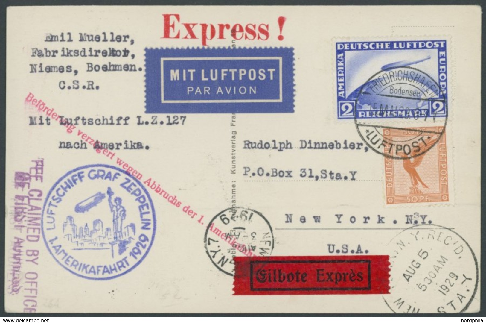 ZEPPELINPOST 26A BRIEF, 1929, Amerikafahrt, Auflieferung Friedrichshafen, Per Eilboten Aus Der Tschecholowakei, Mit Deut - Zeppelins