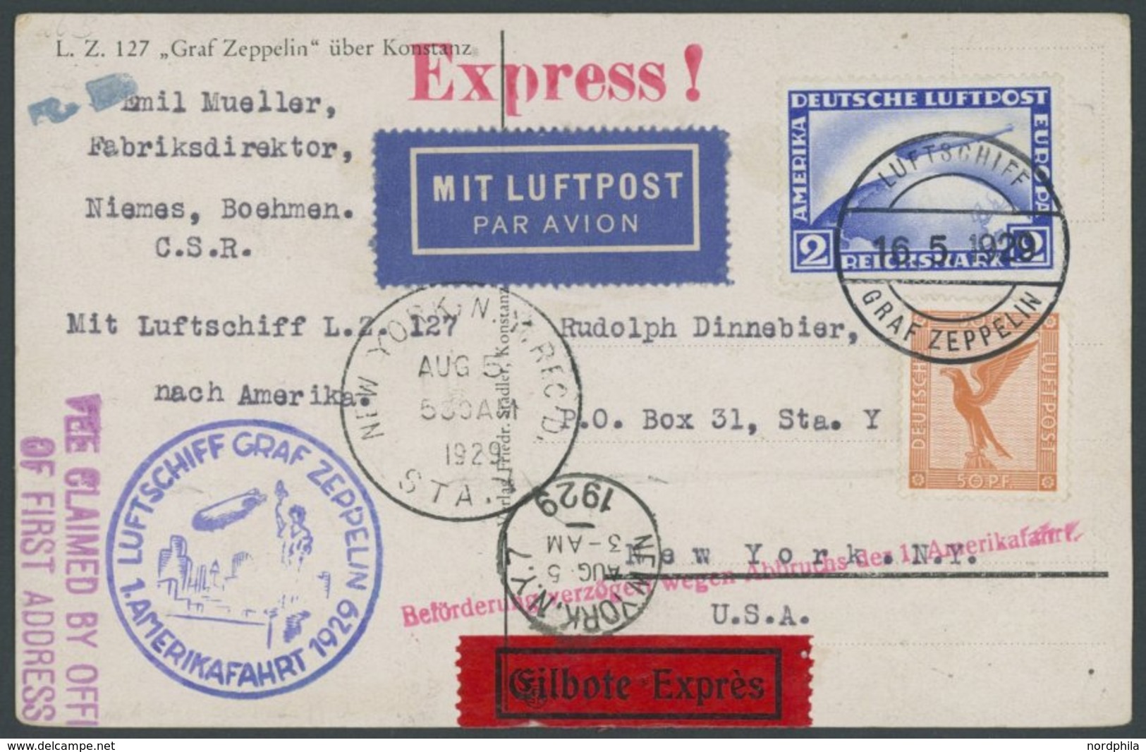 ZEPPELINPOST 26B BRIEF, 1929, Amerikafahrt, Bordpost, Per Eilboten Aus Der Tschecholowakei, Mit Deutscher Frankatur, U.a - Zeppelins