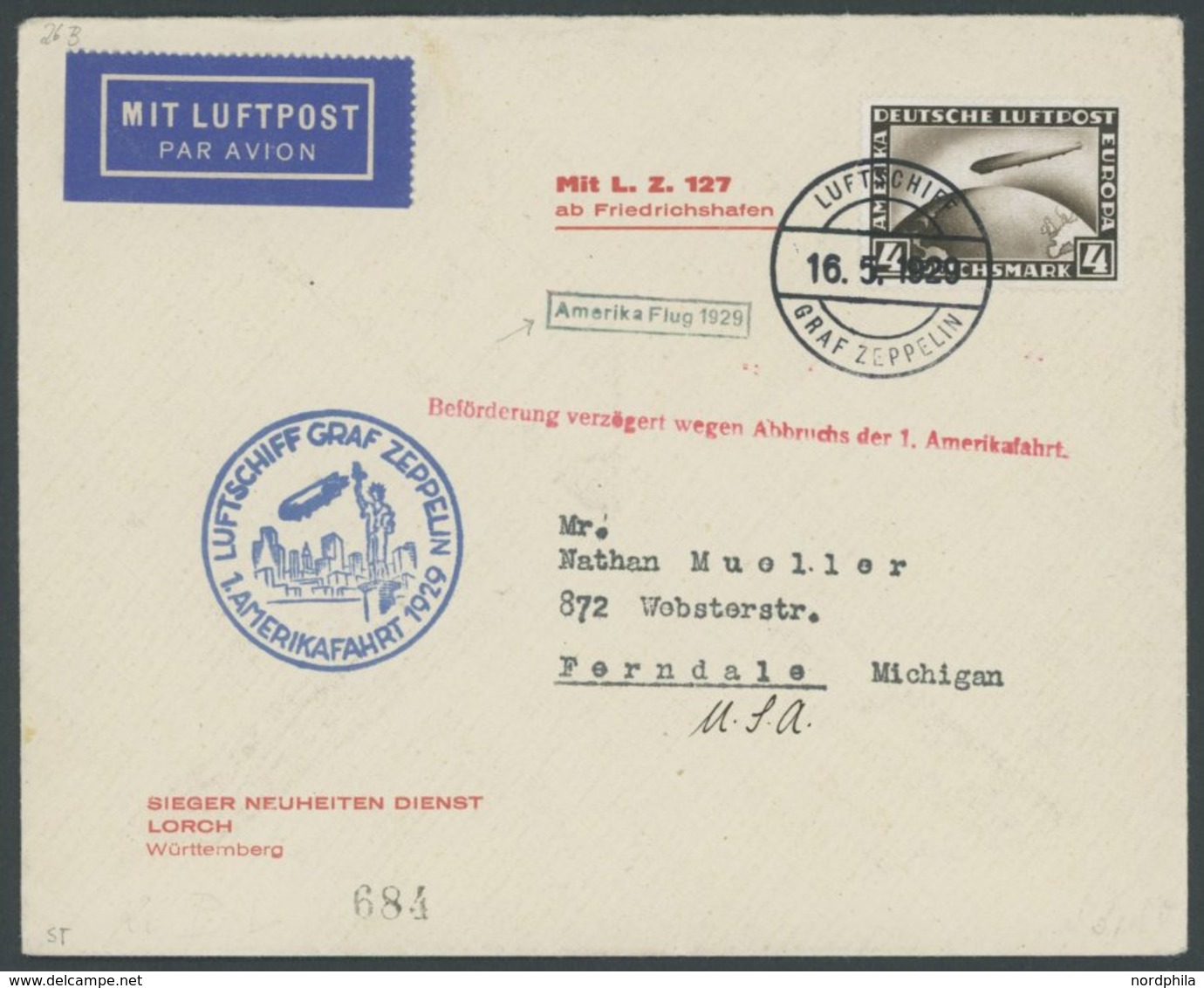 ZEPPELINPOST 26B BRIEF, 1929, Amerikafahrt, Bordpost, Frankiert Mit 4 RM Und R1 Amerika Flug 1929, Prachtbrief - Zeppelins