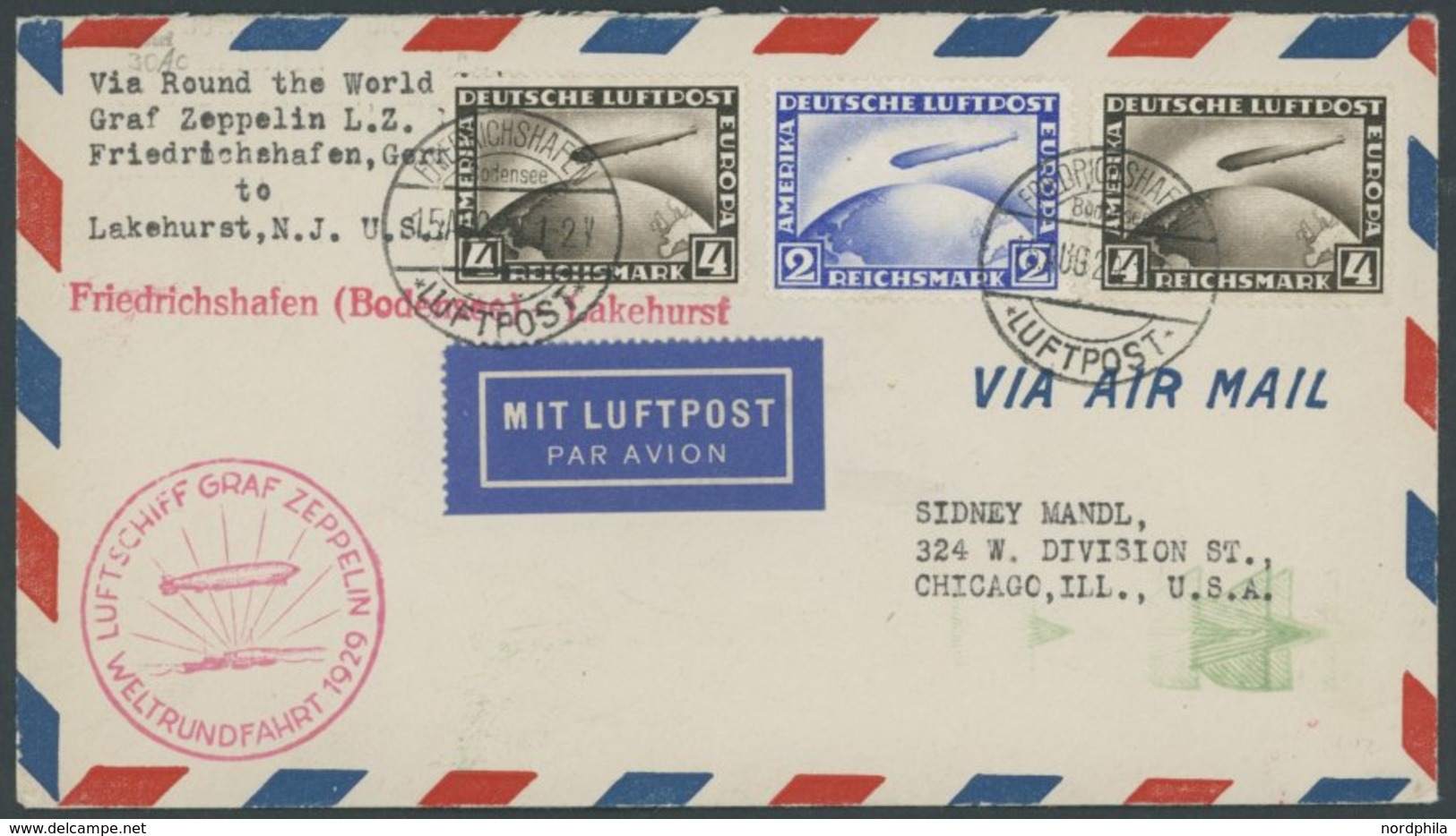 ZEPPELINPOST 30Ac BRIEF, 1929, Weltrundfahrt, Friedrichshafen - Lakehurst, Frankiert Mit Mi.Nr. 423 Und 2x 424, Prachtbr - Zeppelins