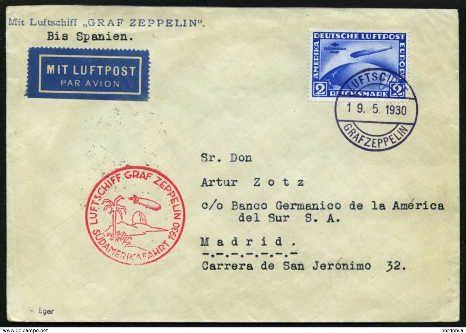 ZEPPELINPOST 57A BRIEF, 1930, Südamerikafahrt, Bordpost, Fr`hafen-Sevilla, Prachtbrief - Zeppelins