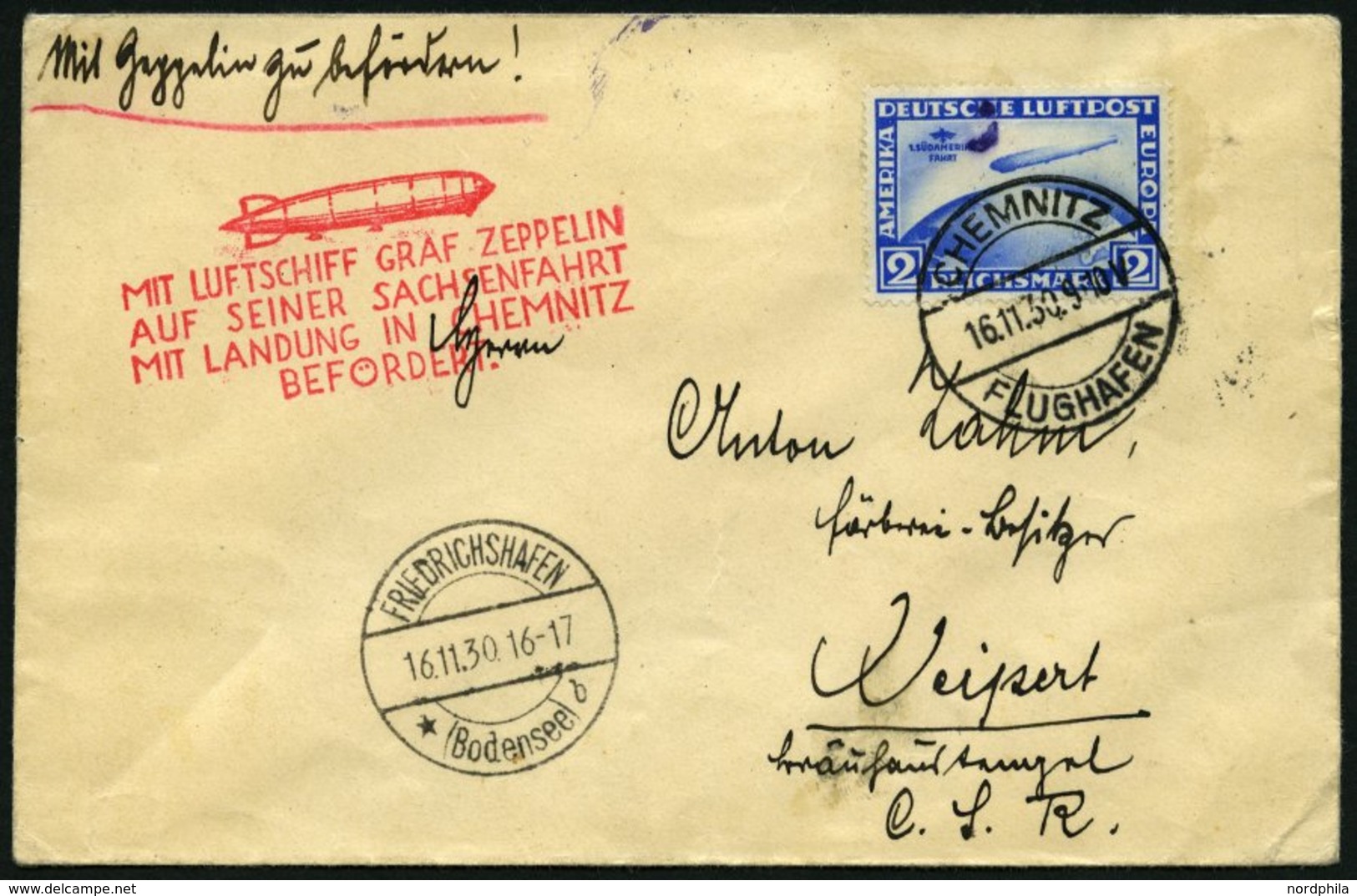 ZEPPELINPOST 100Ba BRIEF, 1930, Sachsenfahrt, Chemnitz-Fr`hafen, Auflieferung Chemnitz, Frankiert Mit 2 RM Südamerikafah - Zeppelins
