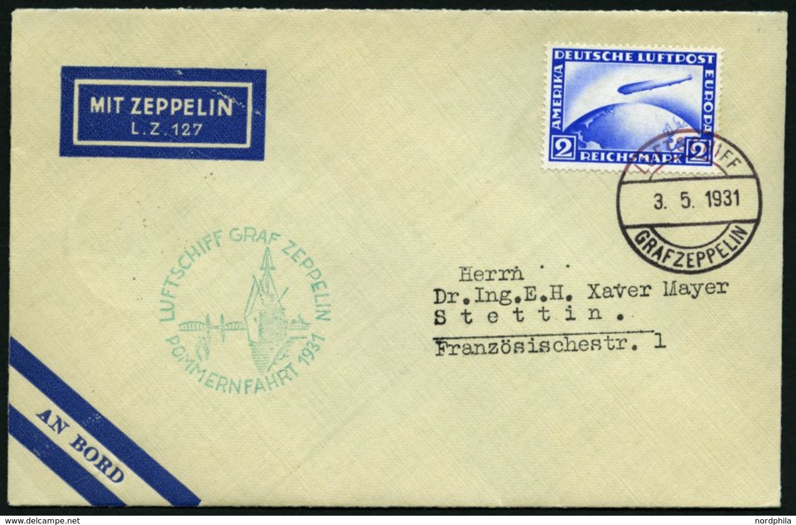 ZEPPELINPOST 106Ab BRIEF, 1931, Pommernfahrt, Bordpost Nach Stettin, Frankiert Mit 2 RM, Prachtbrief - Zeppelins