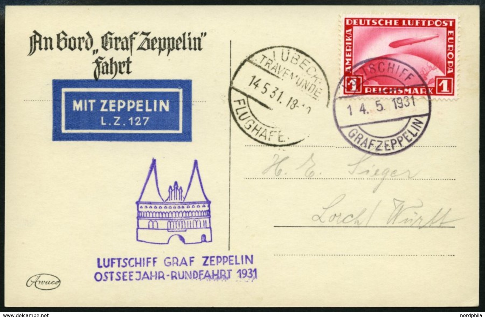 ZEPPELINPOST 108Ab BRIEF, 1931, Ostseejahr-Rundfahrt, Bordpost Nach Lübeck, Frankiert Mit 1 RM, Prachtkarte - Zeppelins