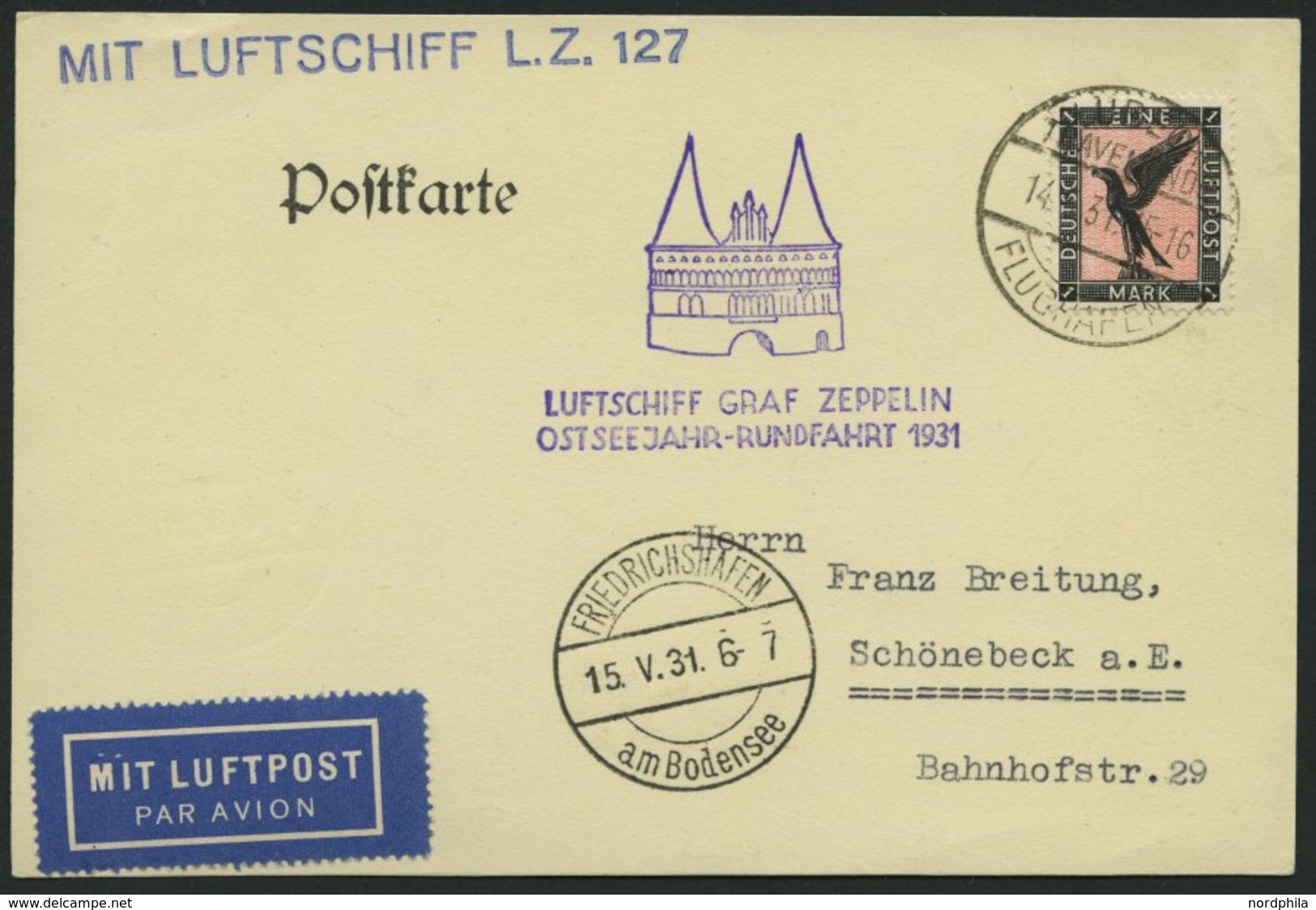 ZEPPELINPOST 108Bg BRIEF, 1931, Ostseejahr-Rundfahrt, Lübeck-Fr`hafen, Frankiert Mit Mi.Nr. 382, Prachtkarte - Zeppelins