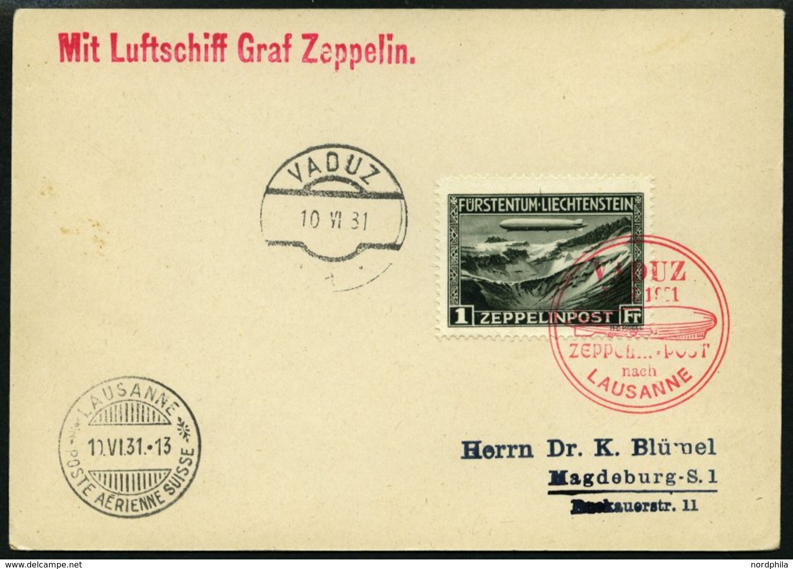 ZEPPELINPOST 110A BRIEF, 1931, Fahrt Nach Vaduz, Frankiert Mit Sondermarke 1 Fr., Prachtkarte - Zeppelines